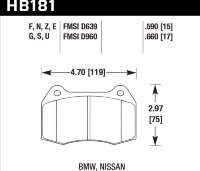 Колодки тормозные HB181N.590 HAWK HP+ передние Nissan Skyline GT-R R33 / R34; Honda Integra DC5