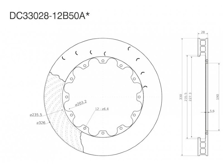 Ротор тормозного диска 330*28mm, DC Brakes DC33028-12B50AL, крепеж под болты, левый