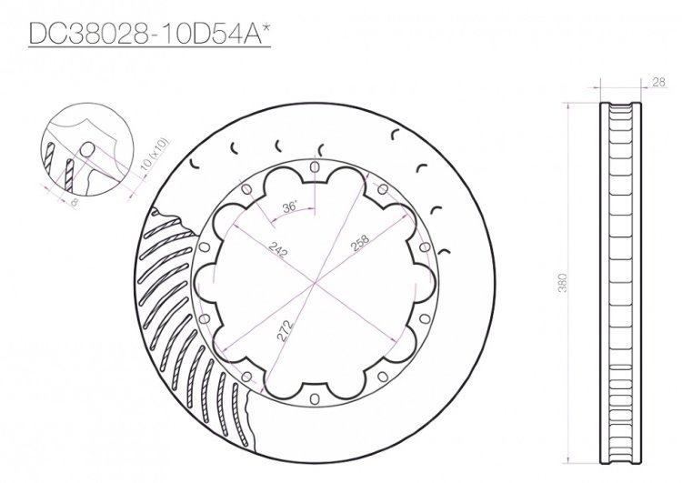 Ротор тормозного диска 380*28mm, DC Brakes DC38028-10D54AL, D крепеж, лев. (Brembo, JBT)