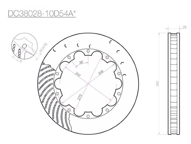 Ротор тормозного диска 380*28mm, DC Brakes DC38028-10D54AR, D крепеж, прав. (Brembo, JBT)
