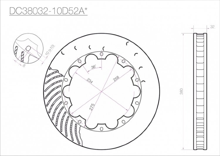 Ротор тормозного диска 380*32mm, DC Brakes DC38032-10D52AR, D крепеж, прав. (Brembo, JBT)