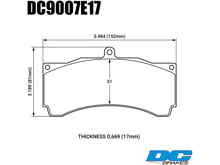 Колодки тормозные DC9007E17 DC Brakes RT.2 PROMA 6 порш, Stop Tech, JBT, Alcon, HPB, XYZ 18 mm