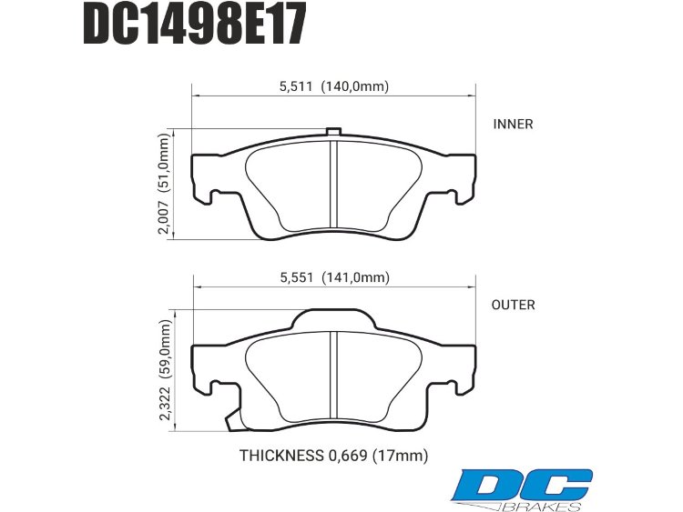 Колодки тормозные DC1498E17 DC Brakes RT.2 задние Jeep Grand Cherokee WK2/Dodge Durango 201